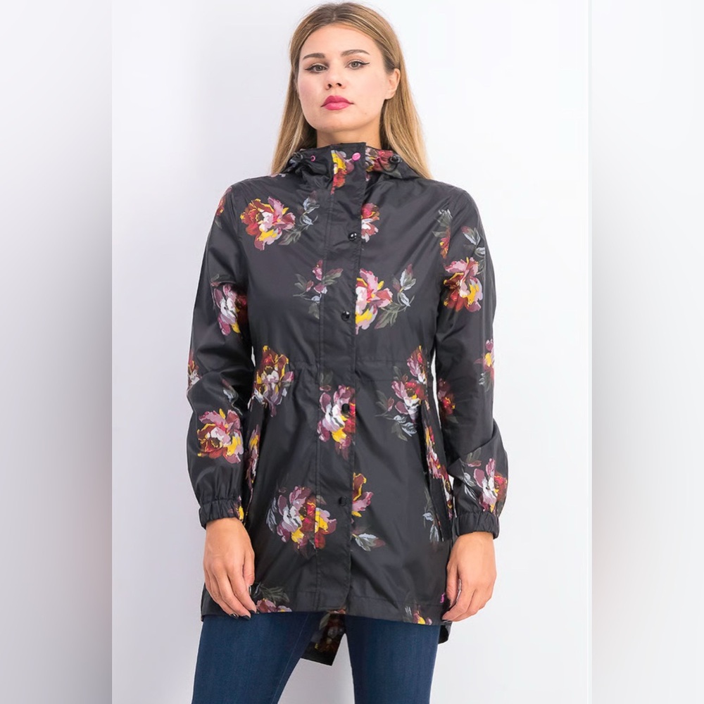 EUC Joules Livonia packable navy large floral
print rain jacket drawstring waist